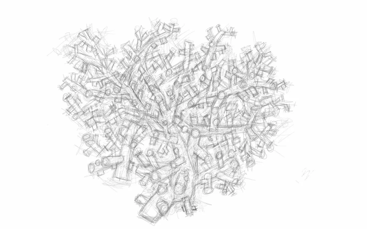 An early Protobyte: a dense recursive line drawing made by code