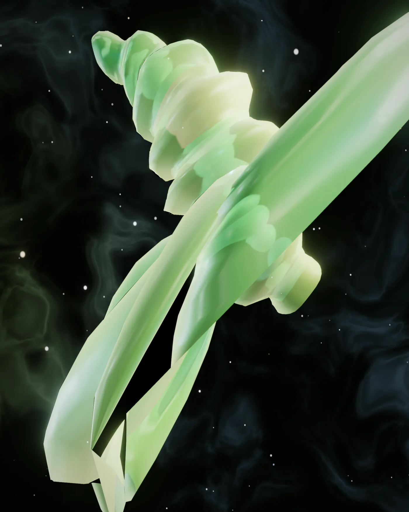 Detail of a pale green Protobyte with a spiralled body and sail‑like fins against a dark nebula