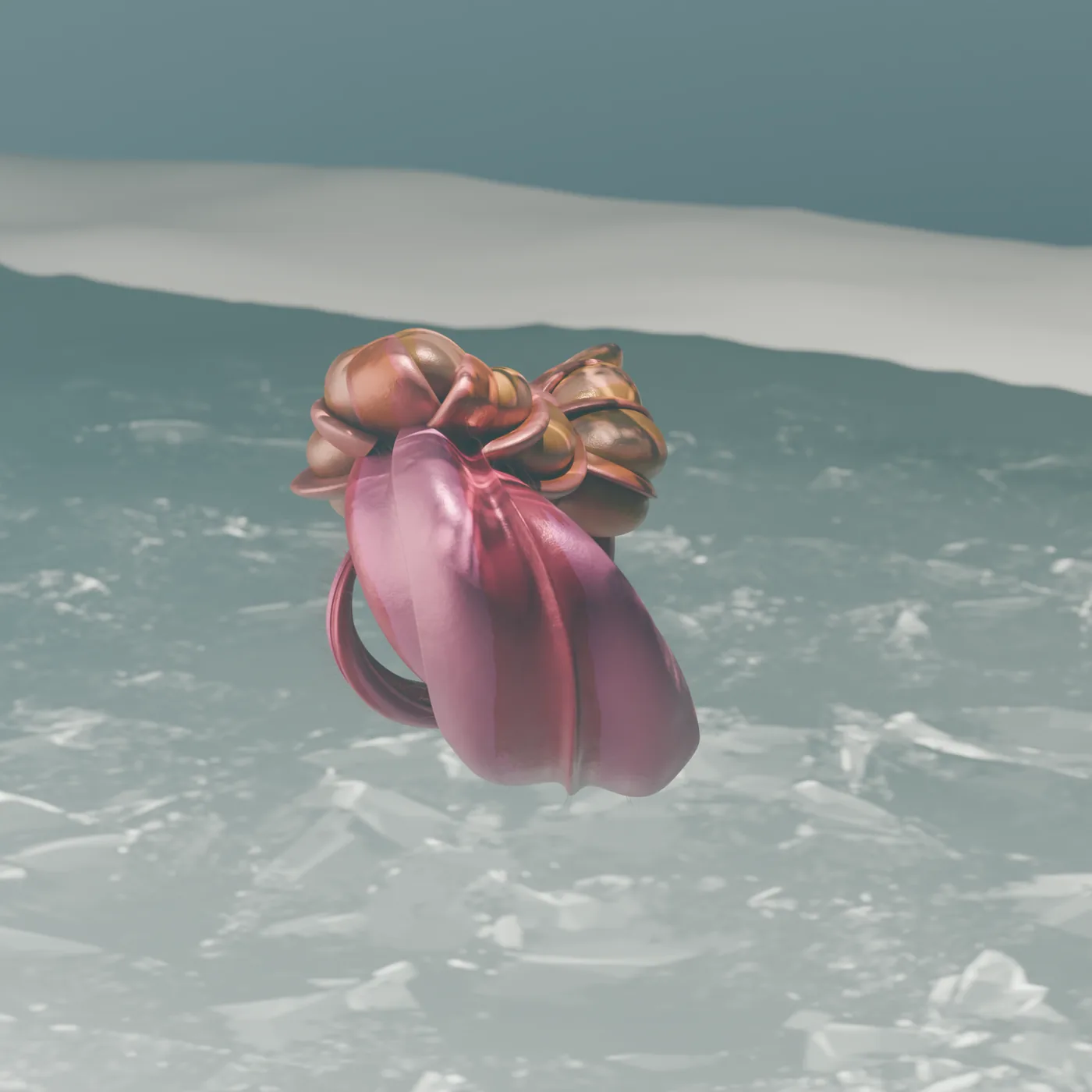 A pink and copper Protobyte above a pale seabed