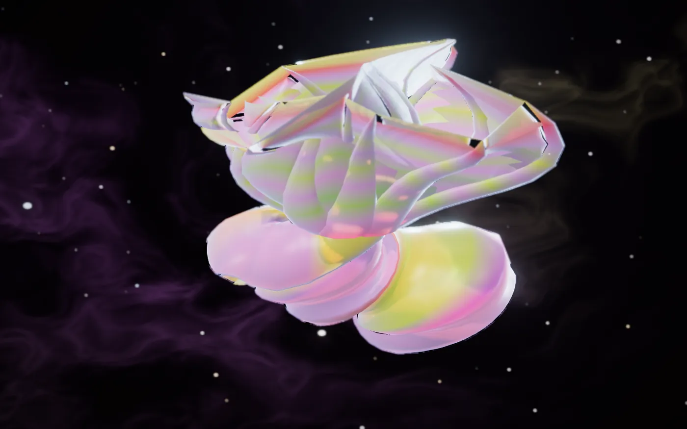 A folded pink, yellow and white translucent Protobyte against a dark background