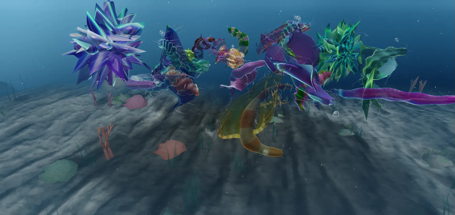 A ProtoTank display: a population of Protobytes swimming above a sandy seabed