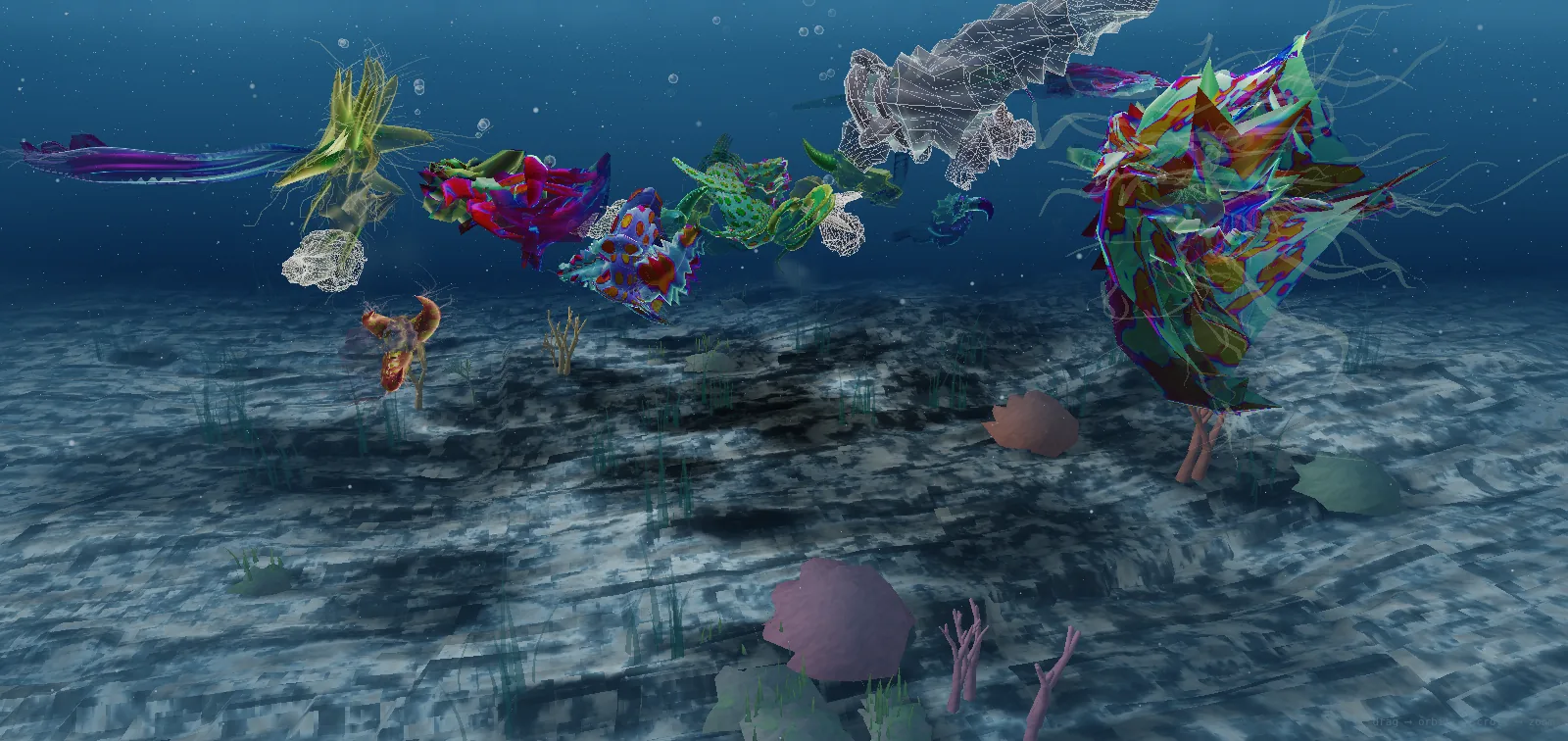 Wide view of the ProtoTank ecosystem: Protobytes of many body plans over a seabed of sand, grasses and coral